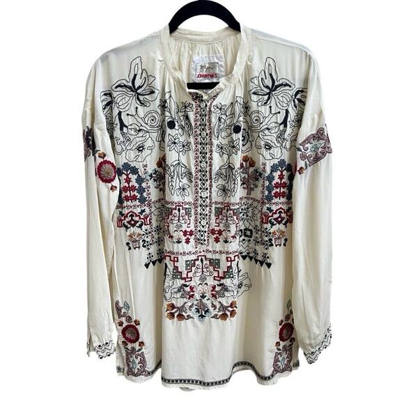 Johnny Was NWT Silk Tunic Blouse Button Down Embroidered Cream Sz S Oversized - Picture 1 of 11